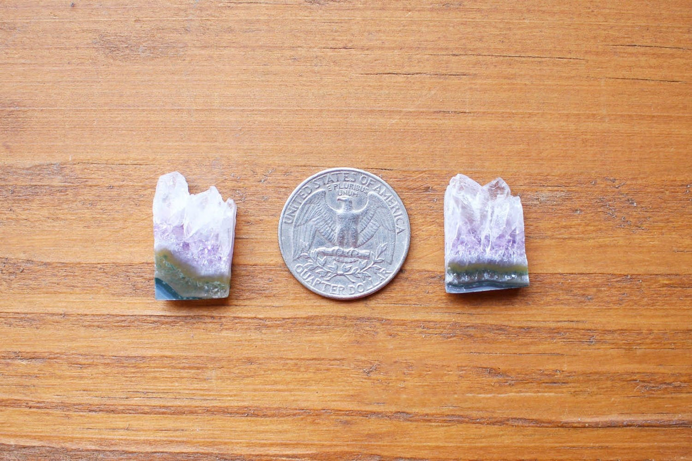Thin Slice Gemstone pair next to quarter for size reference