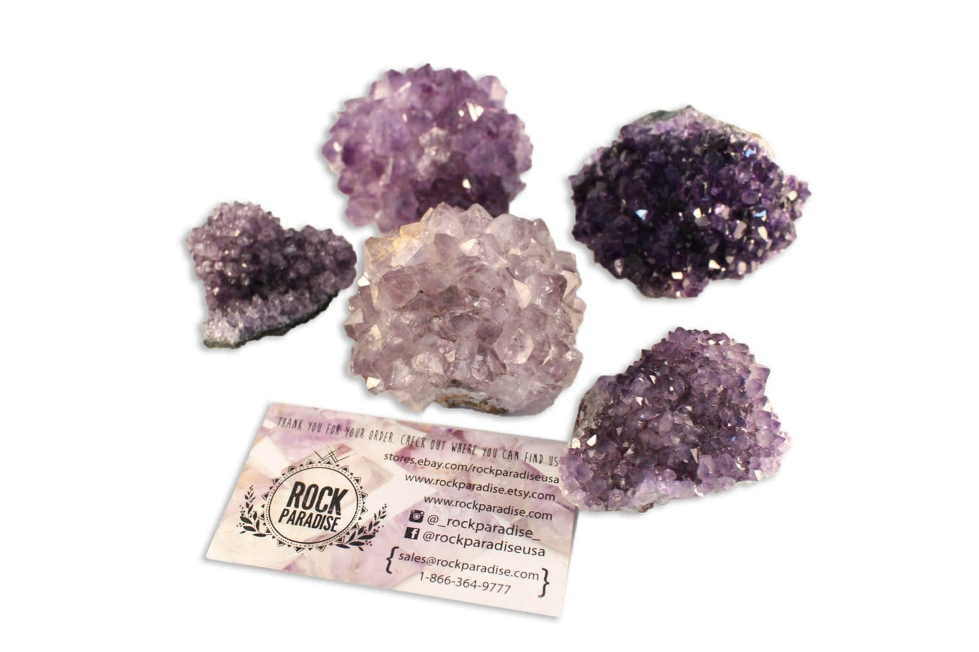 Picture of five Amethyst Pines displayed on a white background, next to one of our business cards.