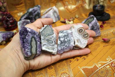 A hand holding 4 Amethyst Stalactite to show size reference. 