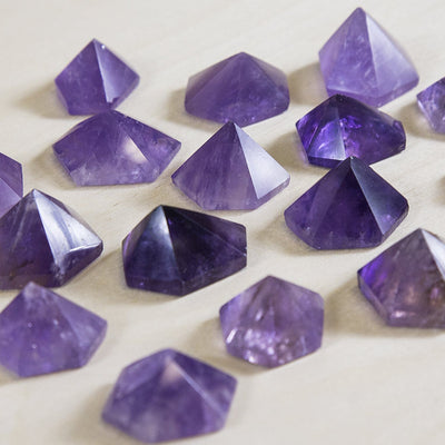 Hexagonal Amethyst Pyramid side view to show different sizes and heights