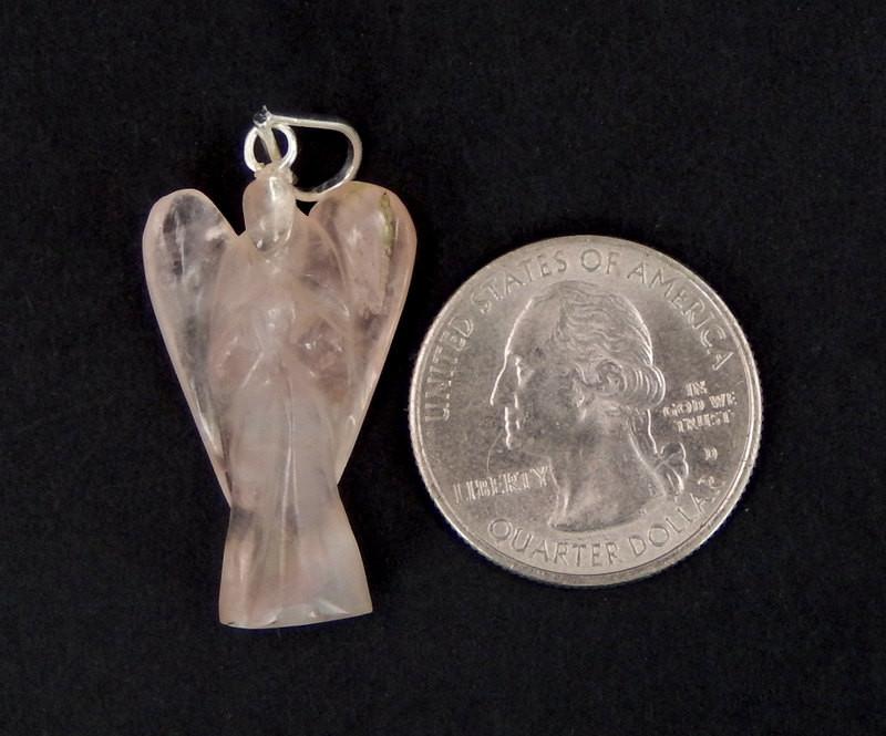 Rose Quartz Angel Pendant with Silver Tone Bail next to a quarter for size reference