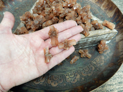hand holding up 3 aragonite rods with more in the background