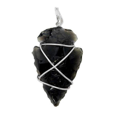 Black Obsidian Arrowhead Silver Tone Wire Wrapped - top view of arrowhead wrapped in silver wire  
