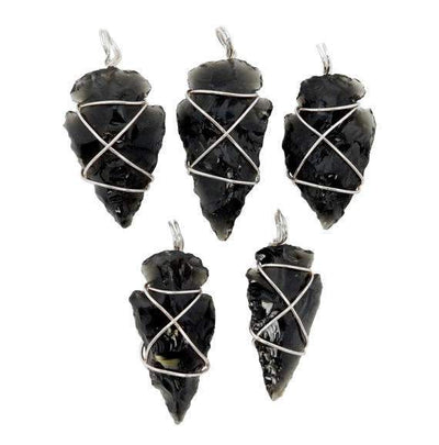 Arrow Heads - Black Obsidian Arrowhead Silver Tone Wire Wrapped RK165B4