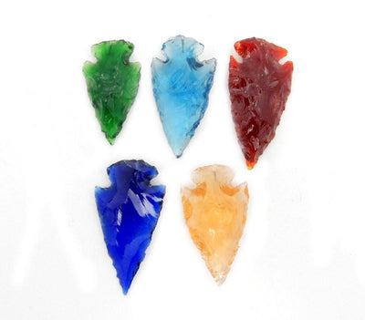 Glass Arrowheads Assorted Colors, green , light blue, red, cobalt blue, and yellow