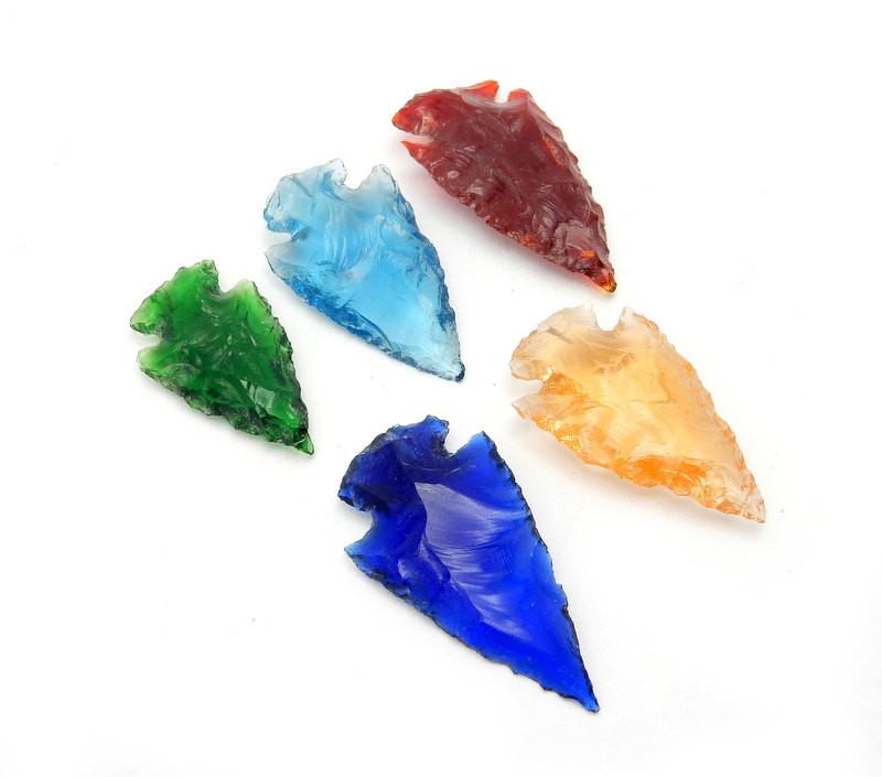 Glass Arrowheads Assorted Colors, green , light blue, red, cobalt blue, and yellow at an angle to show side