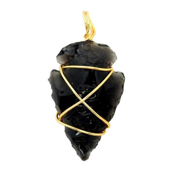 Arrowhead Pendant - Black Obisidan Wire Wrapped Gold Tone (10BROWNSHEL ...