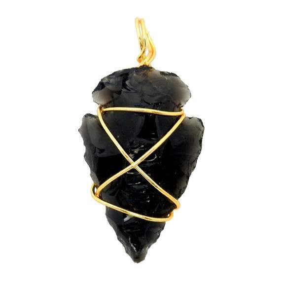 black obsidian arrowhead stone wrapped with gold tone wire  up close to show texture color and wire details