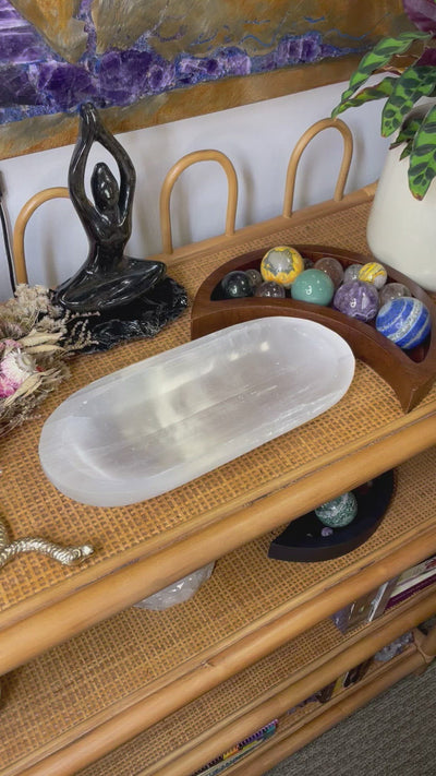 Selenite Extra Large Oval Bowl - Charging Station video of person placing their stone and jewelry inside
