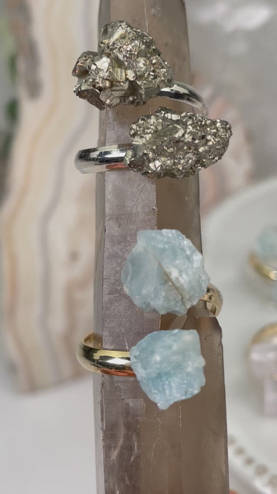 Twin Raw Crystal Rings (Aquamarine, Selenite, Rose Quartz, Pyrite and Tourmaline)