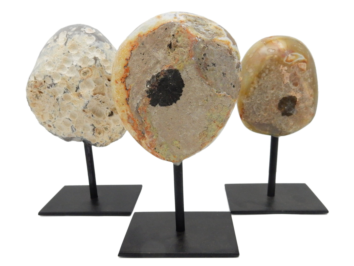 Three Agate Druzy Geode Metal Base displaying the backside with a white background.