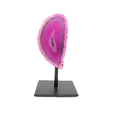 One front facing pink agate geode on metal base with a white background.