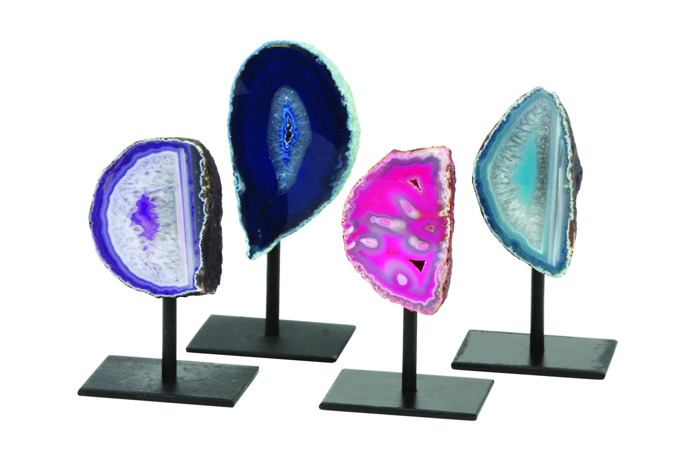 Four agate geode on metal base displaying color options, patterns and different shapes.