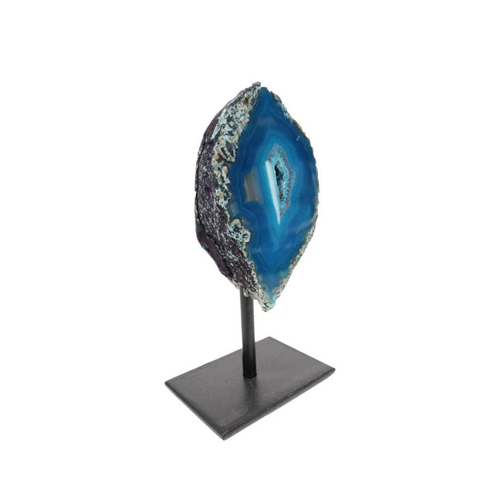 An angled teal agate geode on a metal base displayed with a white background.