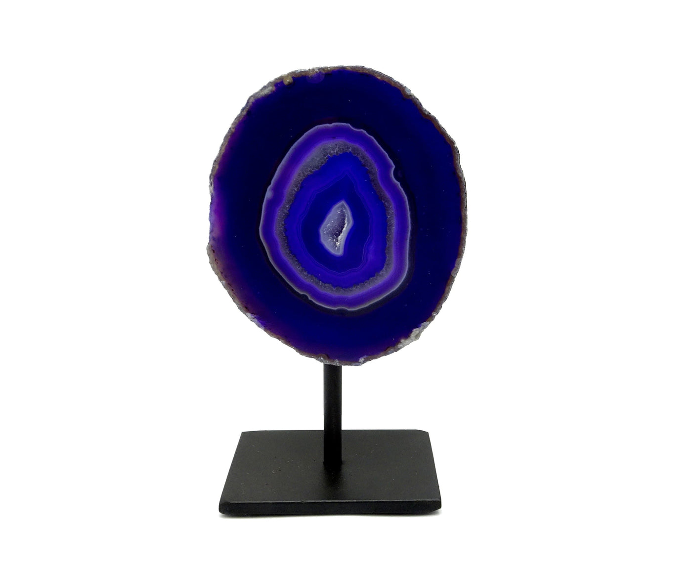 One purple front facing agate geode on metal base with a white background.