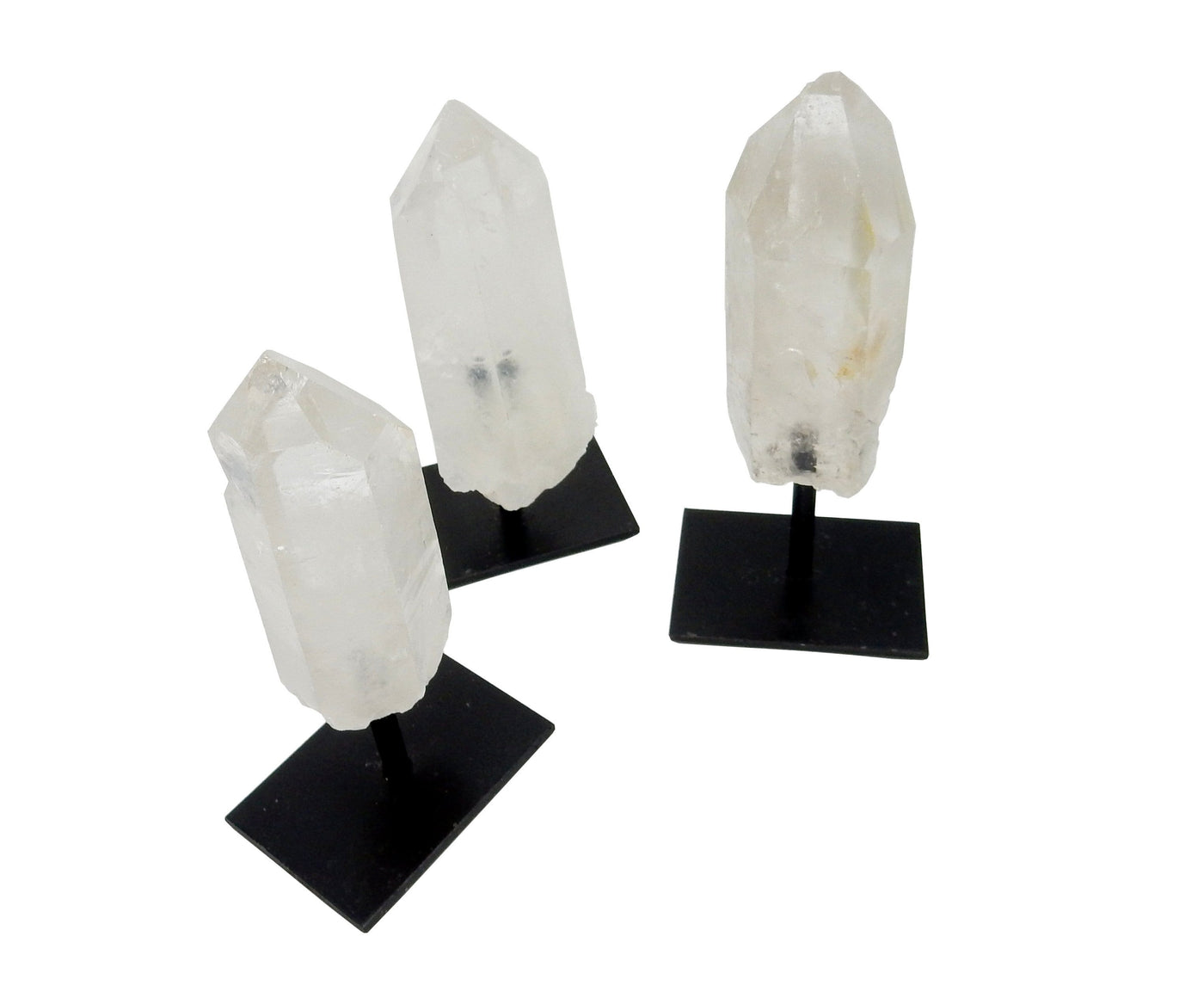 3 Crystal Quartz Point in Metal Bases on white background