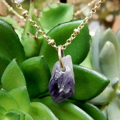 One amethyst point on a chain with a jump ring through the drilled hole.