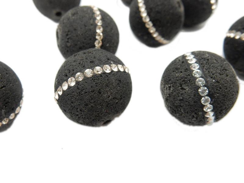 Close up view of Petite Round Lava Rock Bead With CZ Rhinestone Accent Band 