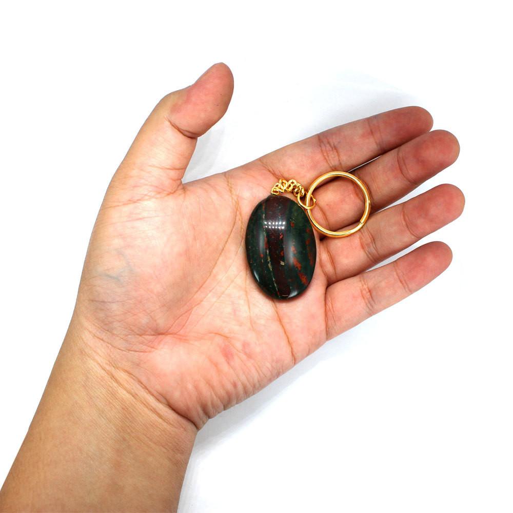 Bloodstone - Bloodstone Worry Stone Keychain - Gold Tone Keychain - Natural Blood Stone Keychain - Thumb Stone - Palm Stone - Metaphysical