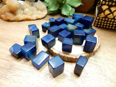 blue agate cubes on a table