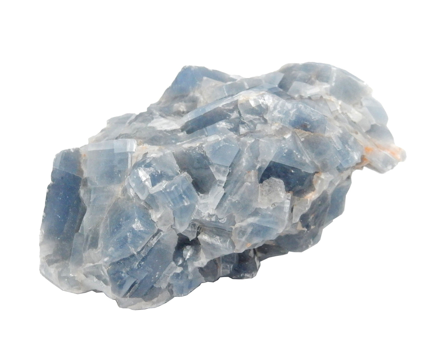 Up close shot of blue calcite stone on white background
