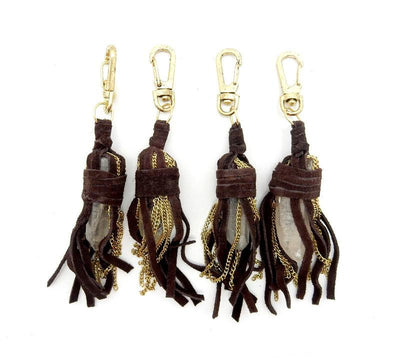 Bohemian Key Chain Brown Leather Keychain With Crystal Quartz Point - (RK69B3) 1, 5, Or 10 Pieces