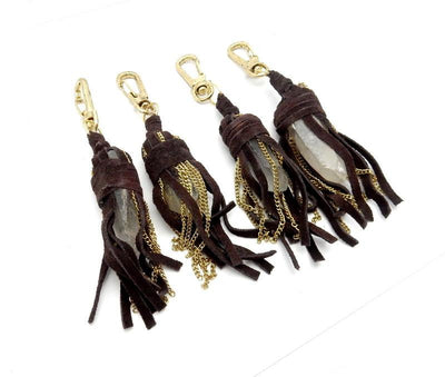 Bohemian Key Chain Brown Leather Keychain With Crystal Quartz Point - (RK69B3) 1, 5, Or 10 Pieces