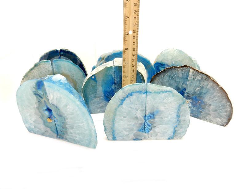 Multiple blue Agate Book Ends shown with a ruler for size approximation. 