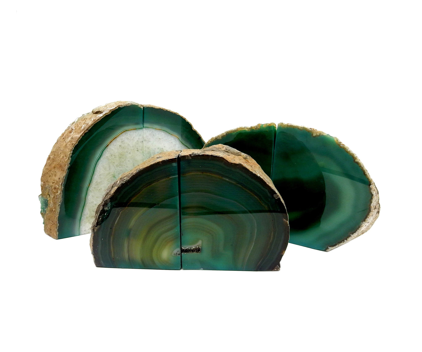 Three Green Agate Bookends displayed front facing to display the variation in pattern and size.