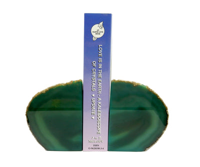 Green Agate Bookend shown holding a book.