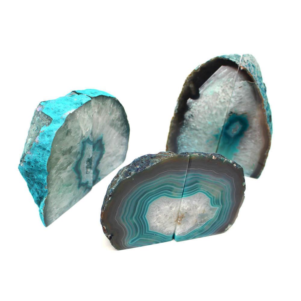 Teal Agate Bookend Pairs are front facing showing the variations.