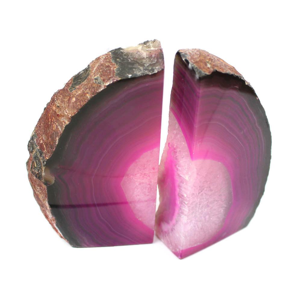 Pink Agate Bookend Pair up close with one at a slight angle showing thickness