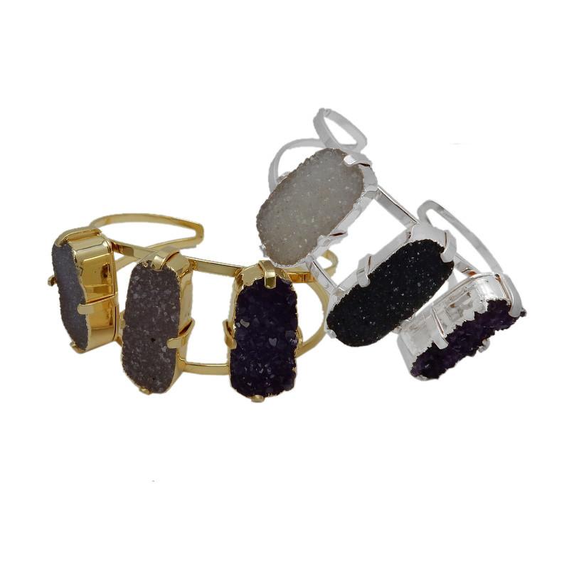 triple oval druzy adjustable cuffs displayed to show that they come in silver or gold 