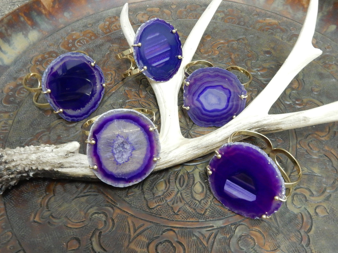 Purple Agate Slice on Electroplated 24k Gold Adjustable Bracelets are front facing to show variation in agate pattern.