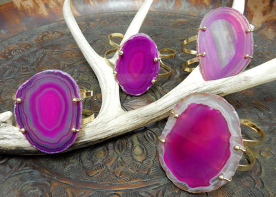 Pink Agate Slice on Electroplated 24k Gold Adjustable Bracelets are front facing to show variation in agate pattern.