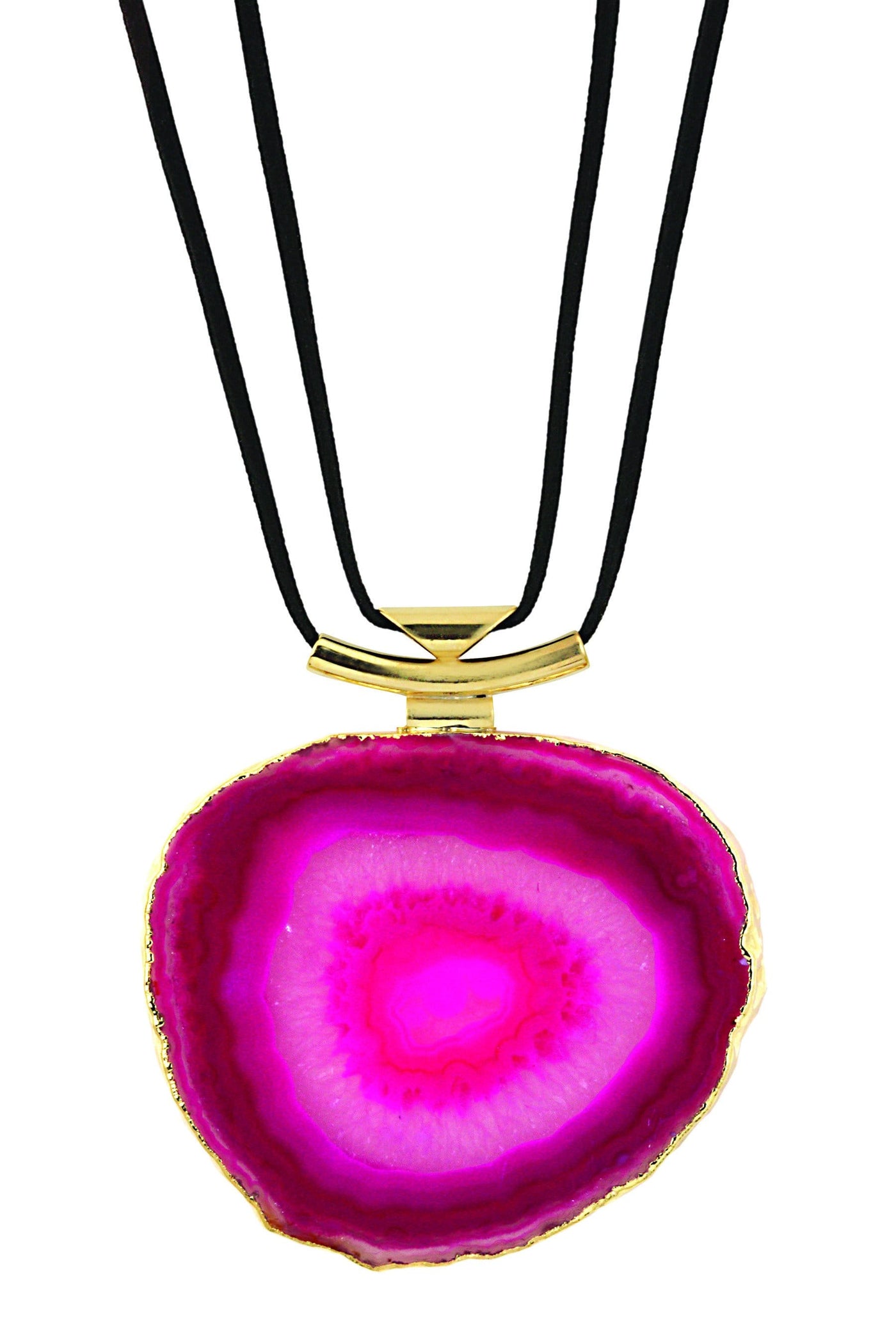 A pink agate necklace with black leather cord and gold bail with a white background.