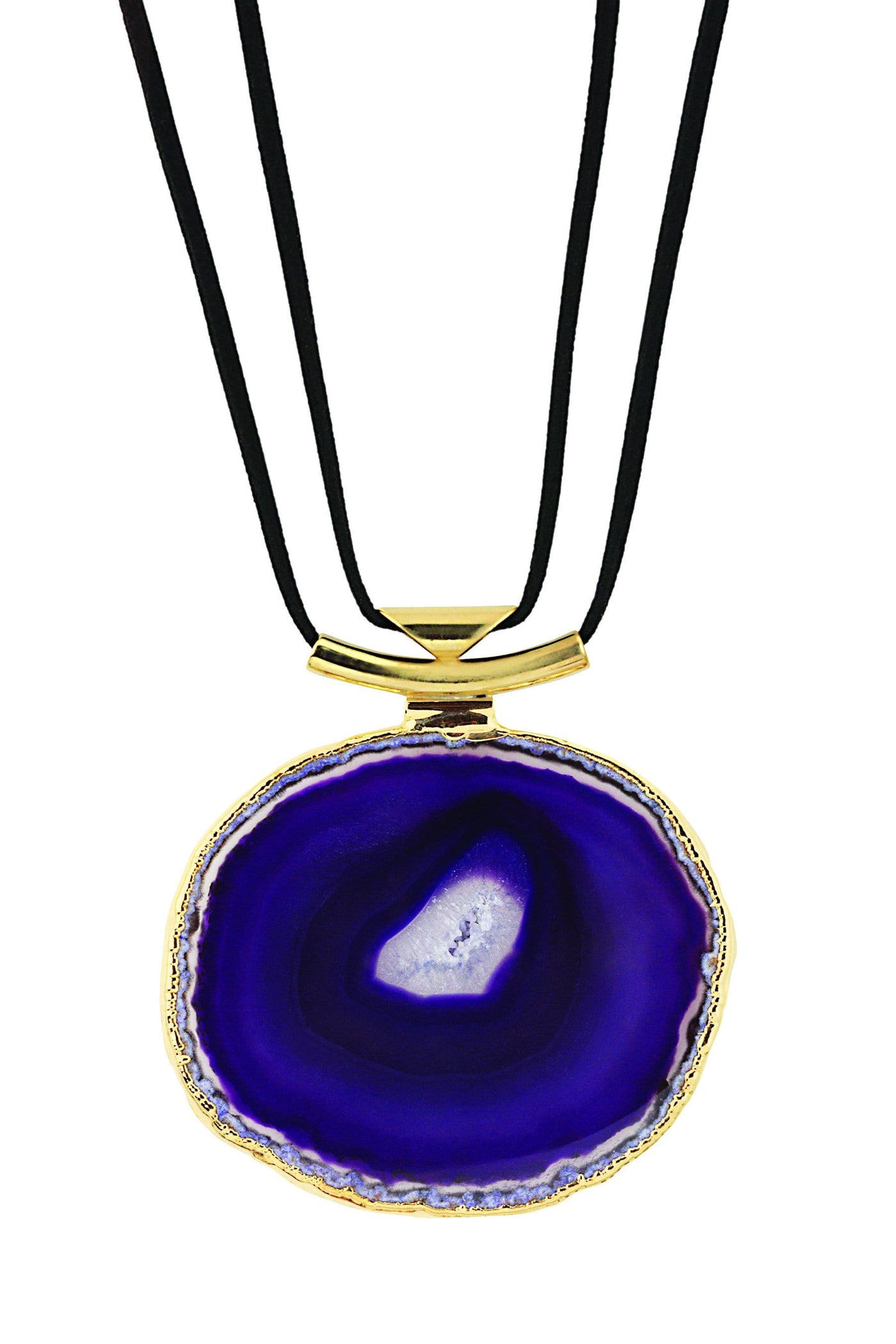 A purple agate necklace with black leather cord and gold bail with a white background.