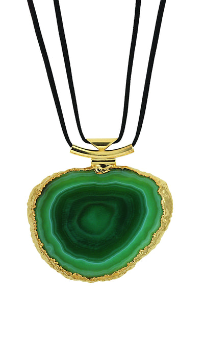 A green agate necklace with black leather cord and gold bail with a white background.