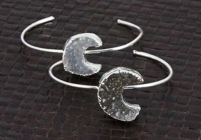 Druzy Crescent Cuff Bracelet with Electroplated 24k Gold - view of two druzy crescent electroplated silver bracelets