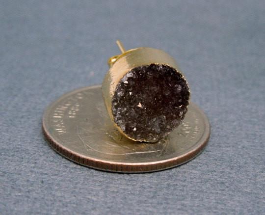 Druzy Stud Earrings in 24k Gold Electroplated on a quarter for size reference