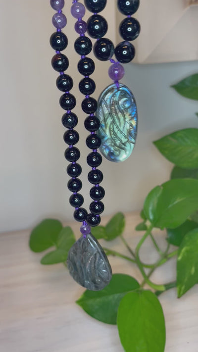 Mala Necklace with Labradorite, Amethyst and Obsidian