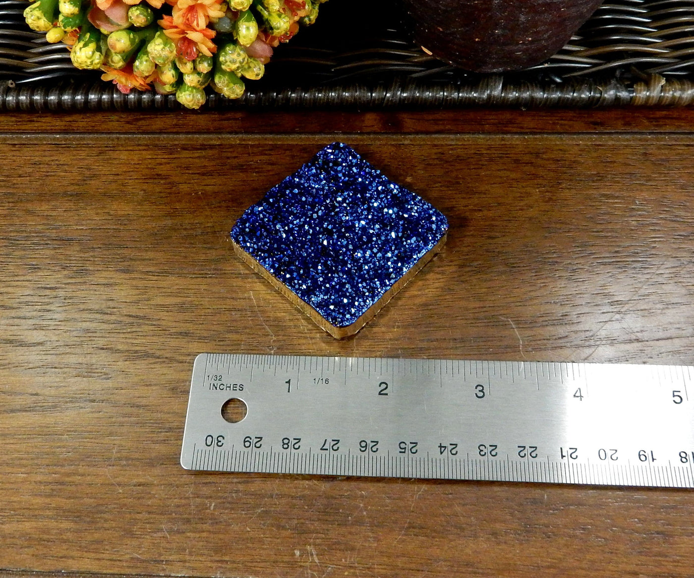 druzy square bead next to ruler for size reference