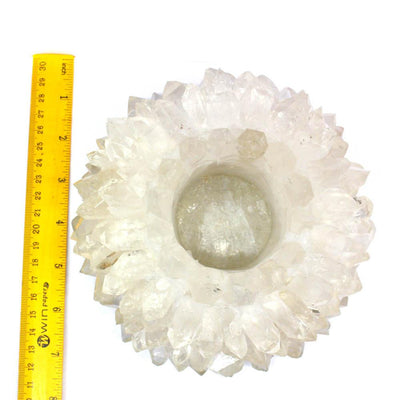 Glued point crystal candle holder on a white background with a ruler showing it is around 6.5 inches wide.