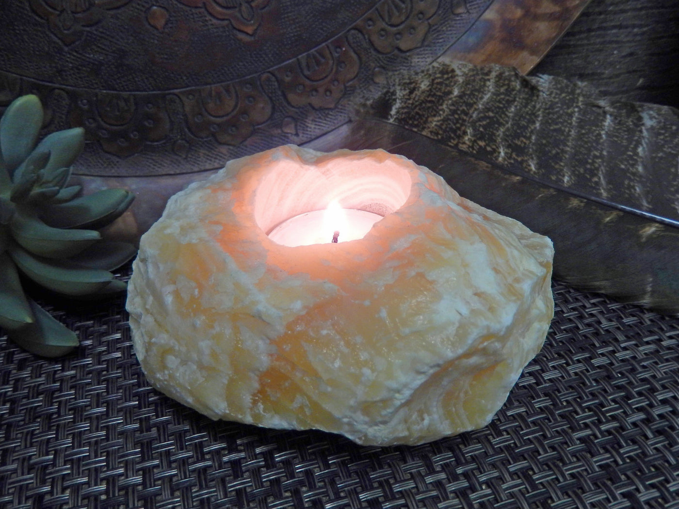 Mexican Orange Calcite Candle Holder, lit and on display