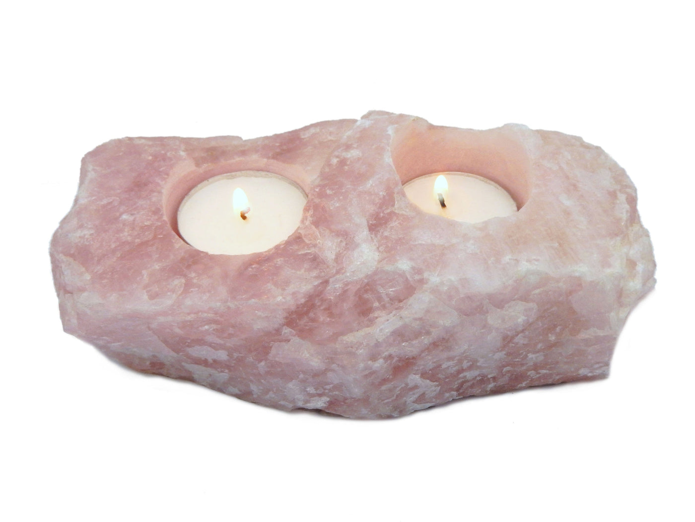 Rose Quartz Candle Holder with candles in both votives on white background