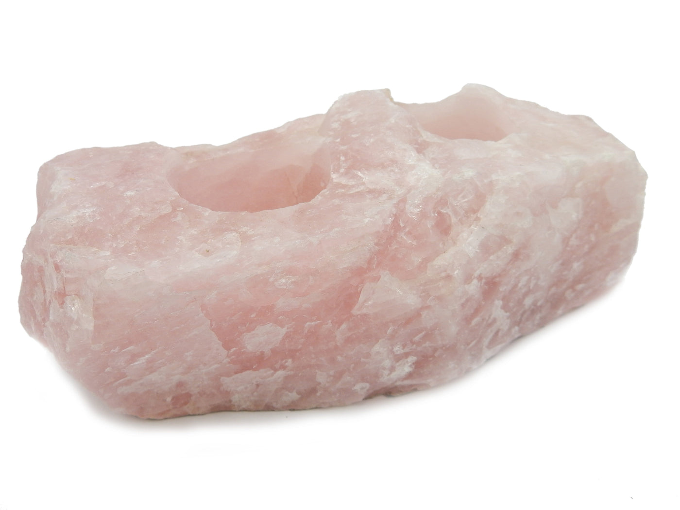 Side view of Rose Quartz Candle Holder on white background