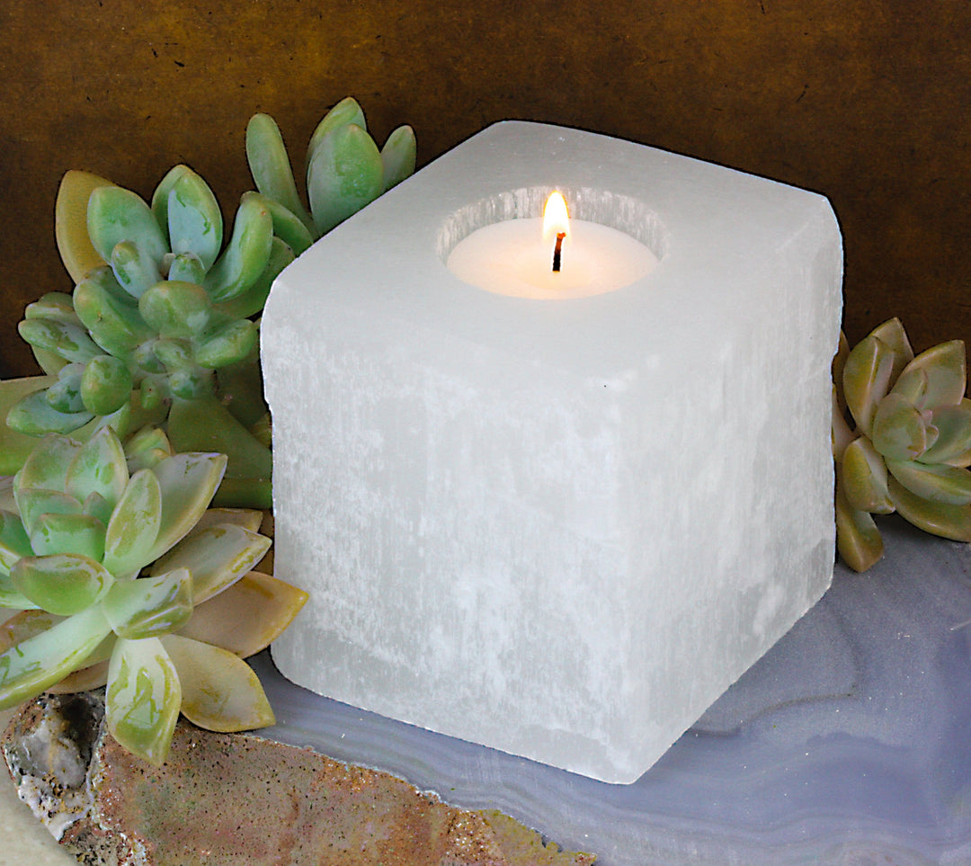 Square Shaped Selenite Candle Holder – Rock Paradise