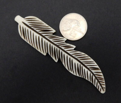 once carved bone feather on a black background next to a quarter 