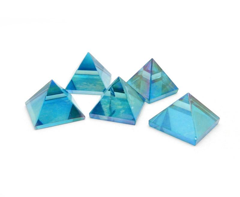 crystal quartz pyramids with an aqua aura finish 
