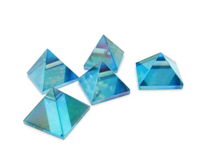 crystal quartz pyramids with an aqua aura finish